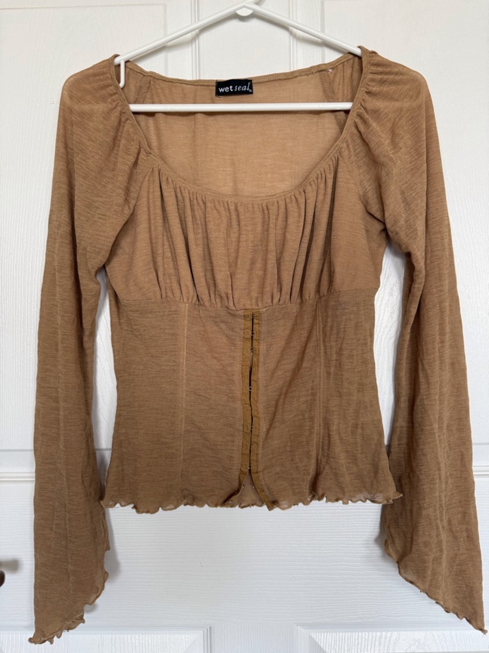 Wet Seal Y2K top ruched bust sheer Long flare Sleeve lettuce hem